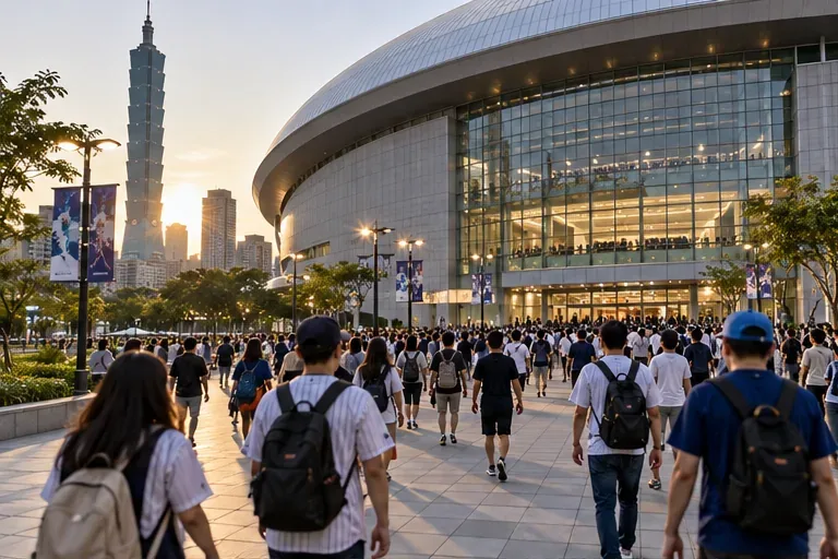 球迷在傍晚走向都會區室內棒球場入口，周圍可見大型場館與城市建築