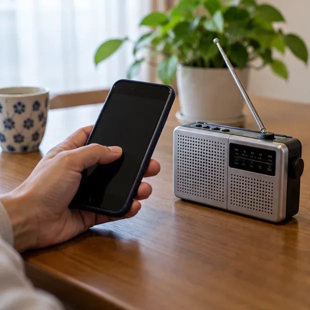 スマートフォンと携帯ラジオを手元に並べ、複数の情報手段を準備した様子。