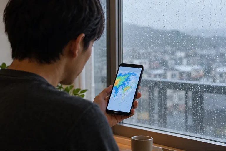 雨の降る窓辺で、天気図のような画面が表示されたスマートフォンを確認する人