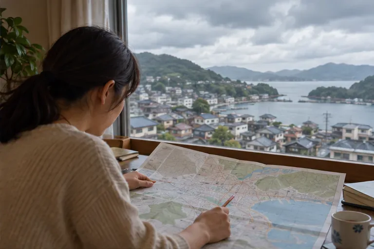 窓の外に丘と海沿いの住宅地が見える部屋で、紙の地図を指さして確認する人
