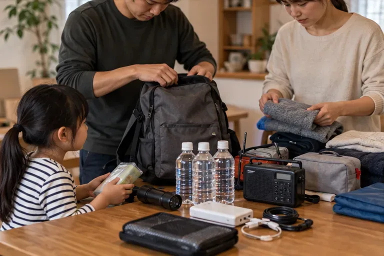 家族がリュックに衣類を入れ、テーブルに飲料水、携帯ラジオ、懐中電灯、モバイルバッテリーを並べている