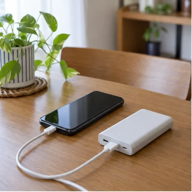 家庭のテーブルでスマートフォンとモバイルバッテリーを充電している