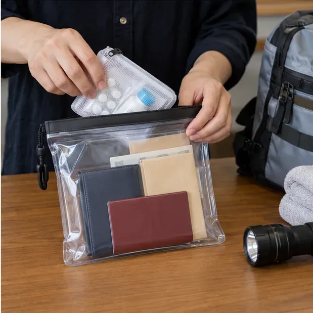 薬入れや書類入れを透明な防水ポーチにまとめ非常用バッグの横に置く手元