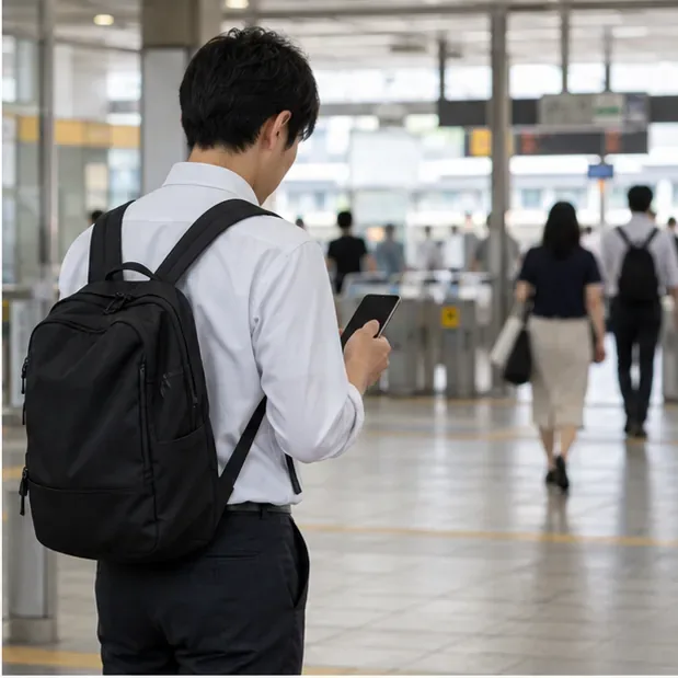 鉄道駅の構内で乗客がスマートフォンを確認する
