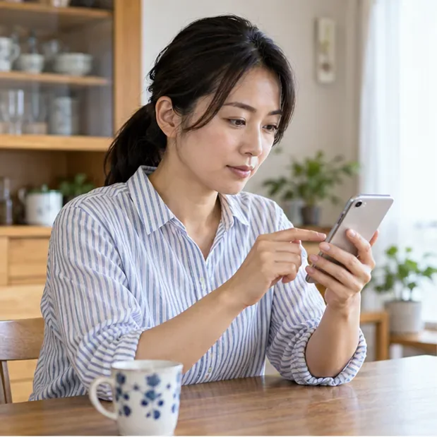 自宅のテーブルでスマートフォンを確認する人