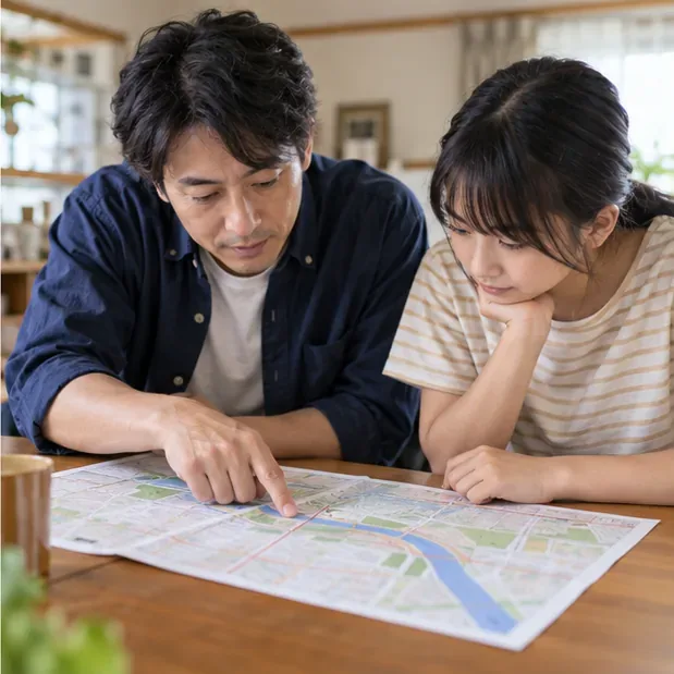 家族がテーブルの地図を指差しながら避難経路を相談する