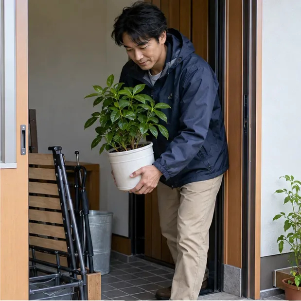 玄関の内側へ鉢植えを運び入れる人