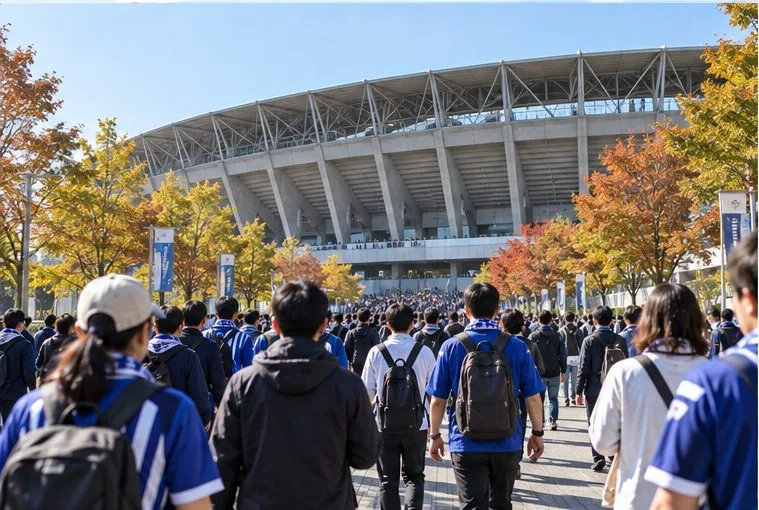 秋の木々の間を通り、駅から大型サッカースタジアムへ歩く観客