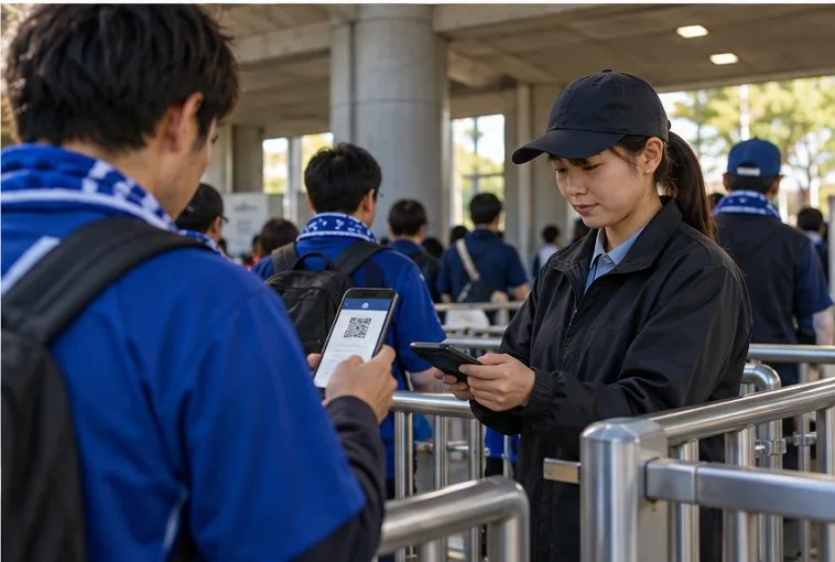 スタジアムの入場列でスマートフォンのチケットを係員に見せる観客
