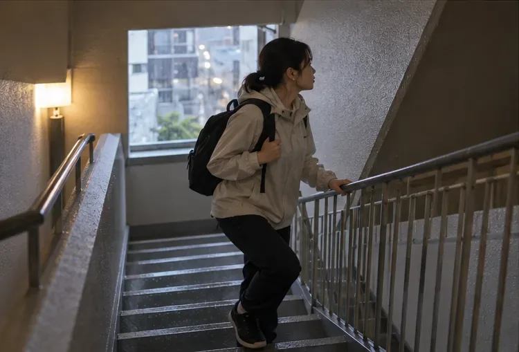 非常用バッグを持って建物内の階段を上がる人