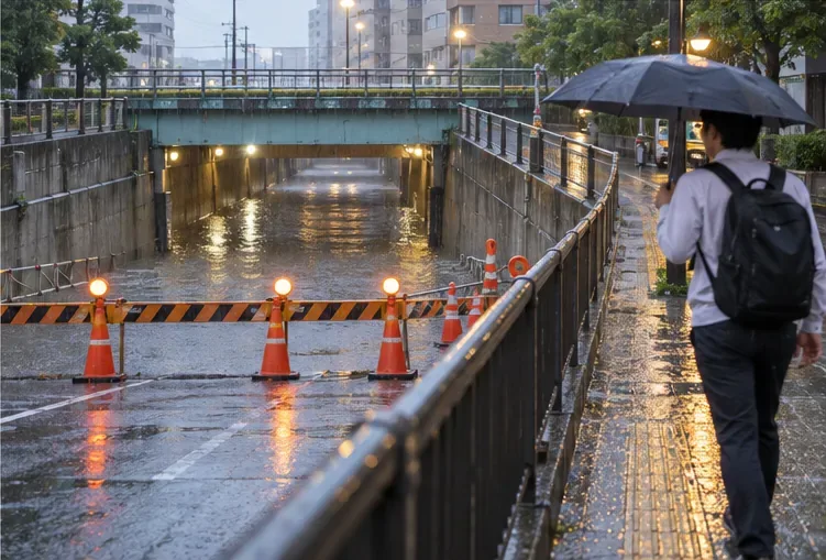 雨で冠水したアンダーパスが柵で閉鎖され、歩行者が近づかず通り過ぎる様子