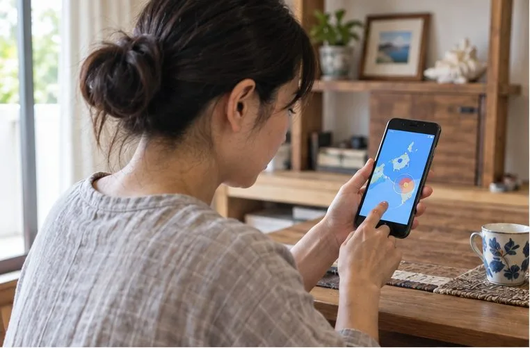 自宅のテーブルでスマートフォンの地図を確認する人