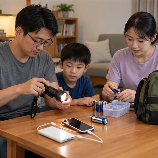 家人把手電筒、備用電池和已充電的手機放在桌上備用。