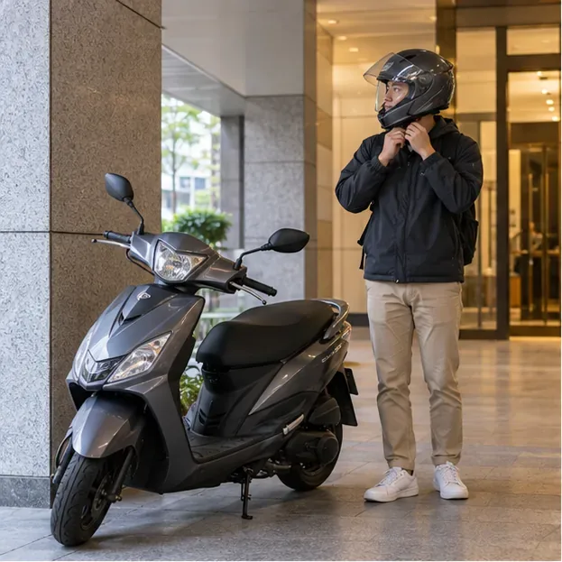 騎士將機車停在建築物遮蔽處並等待，沒有在強風中繼續騎乘。