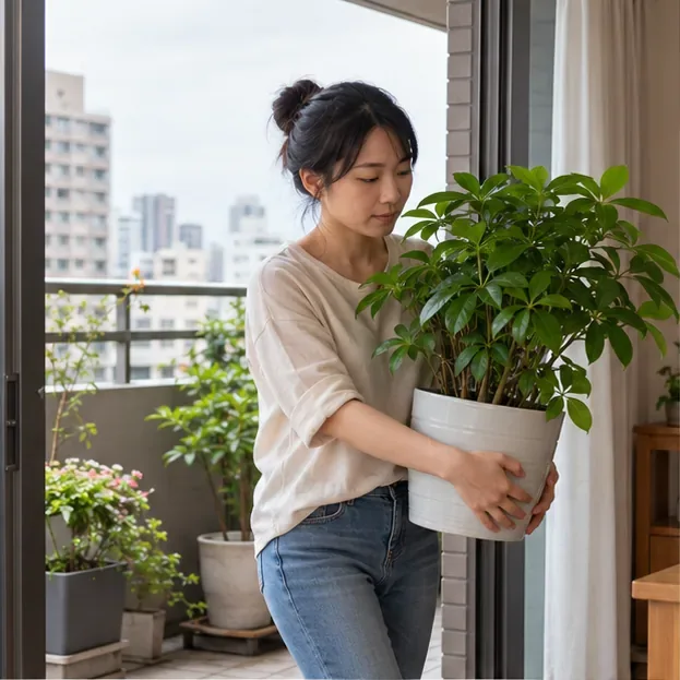 住戶將陽台盆栽搬進室內，避免盆栽在強風中被吹落。