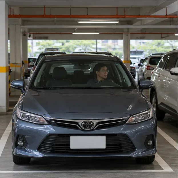 駕駛將車停在室內停車空間，周圍沒有路樹或招牌。