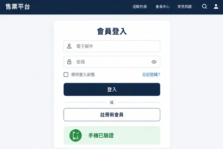 會員登入頁面示意，畫面下方顯示手機已驗證狀態