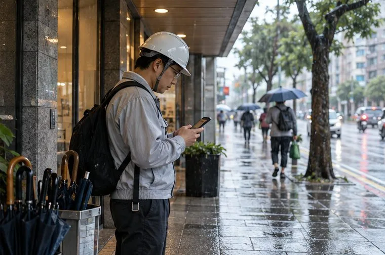 一名戴安全帽的工作者站在騎樓下查看手機，背景是雨中的街道。