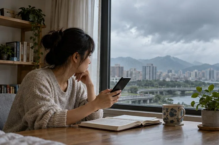一名女子坐在窗邊查看手機，窗外可見陰雲與城市景色。