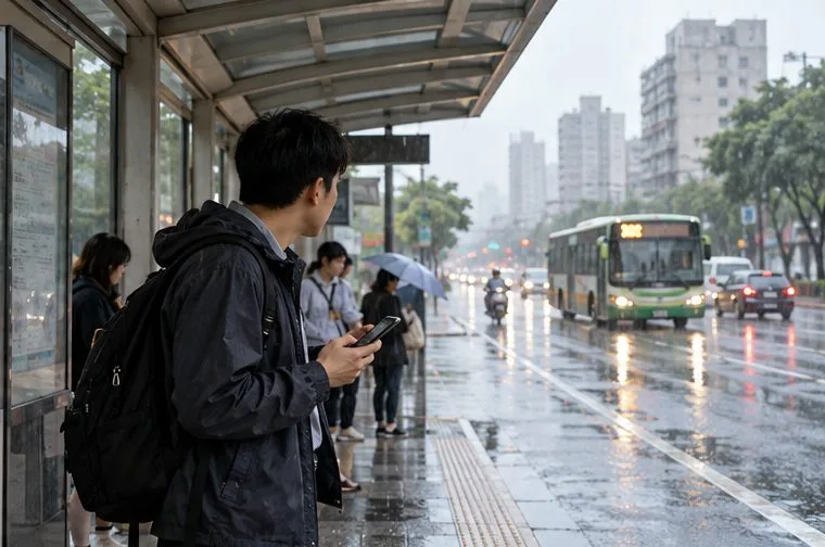 一名背著背包的通勤者在雨中的公車站查看手機，路面有積水反光。