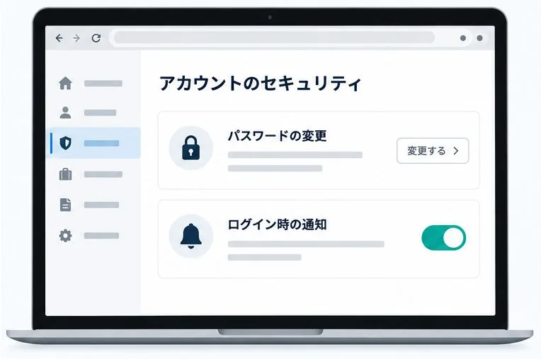 パスワード変更とログイン通知を確認する画面の概念図。実際の設定画面の配置を示すものではない。