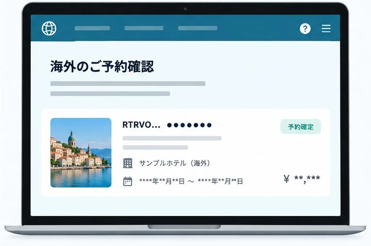 「RTRVO～」で始まる海外予約を専用ページで確認する場面の概念図。予約内容は架空で伏せてある。