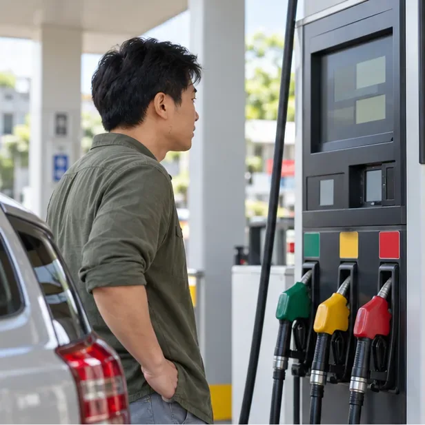 一名駕駛站在汽車與加油機旁，查看加油機資訊。
