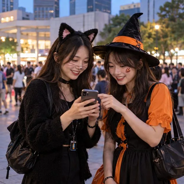 兩位穿著萬聖節風格服裝的朋友在廣場邊一起查看手機