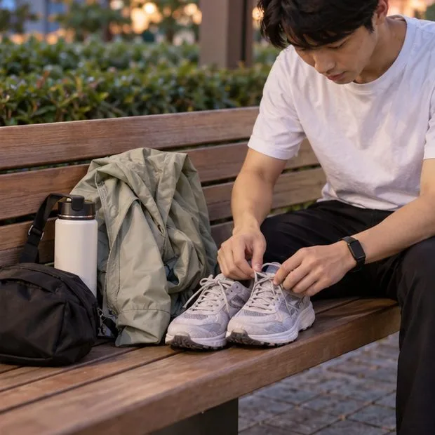 一名旅客在長椅旁繫好步行鞋，身旁有外套、背包和水瓶