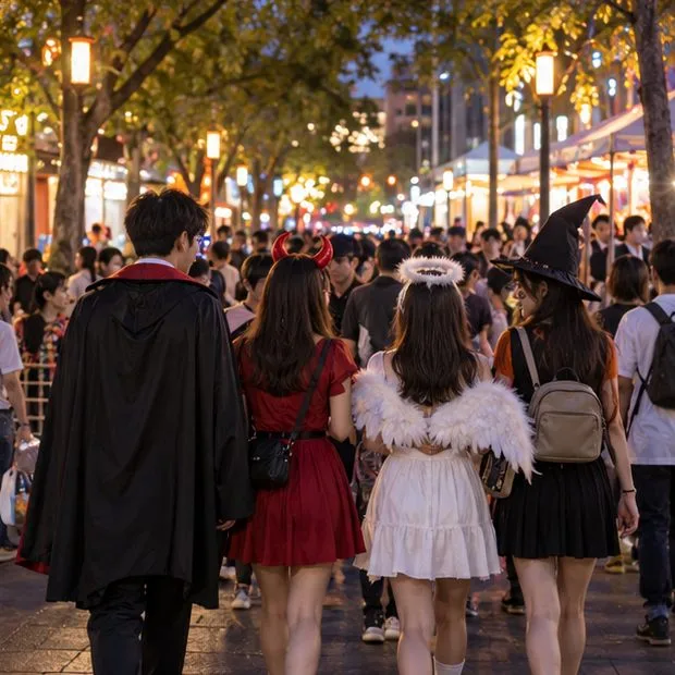 夜間街區人潮中，多位穿著節慶服裝的行人一起向前步行