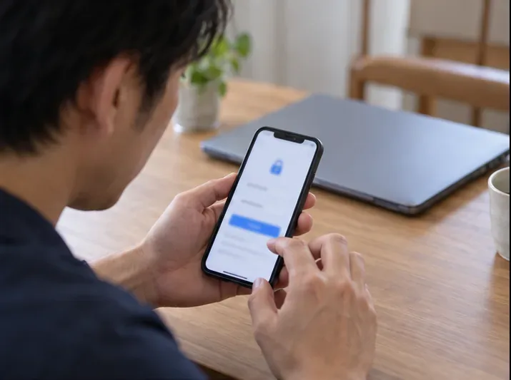 ノートパソコンを閉じた状態で、スマートフォンの認証設定を操作する利用者