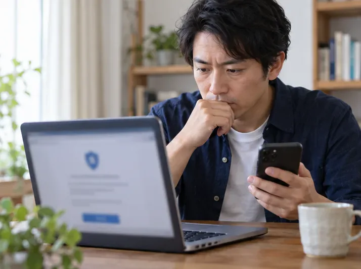 ノートパソコンとスマートフォンで、文字が判読できないセキュリティ告知を確認する利用者