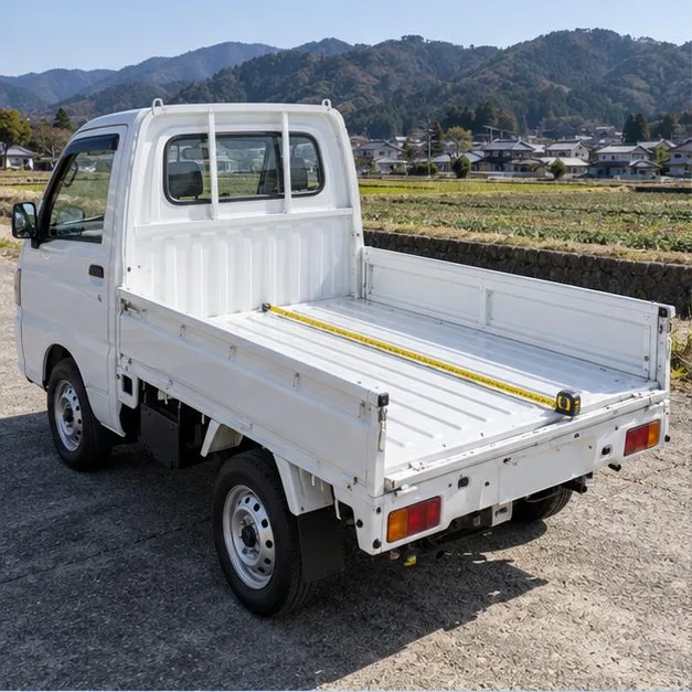 荷台の床にメジャーを置いた軽トラックの後部。