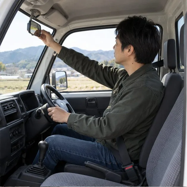 運転席に座った購入検討者がルームミラーを調整している様子。