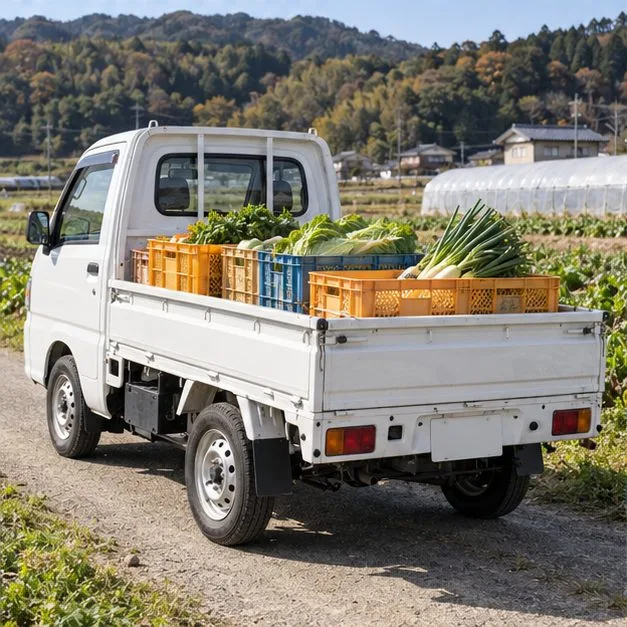 農産物のコンテナを荷台に積んだ軽トラック。