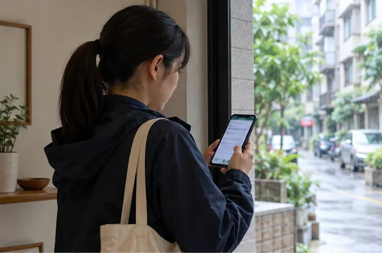 住戶在出門前用手機查詢垃圾車路線，窗外可見濕潤街道